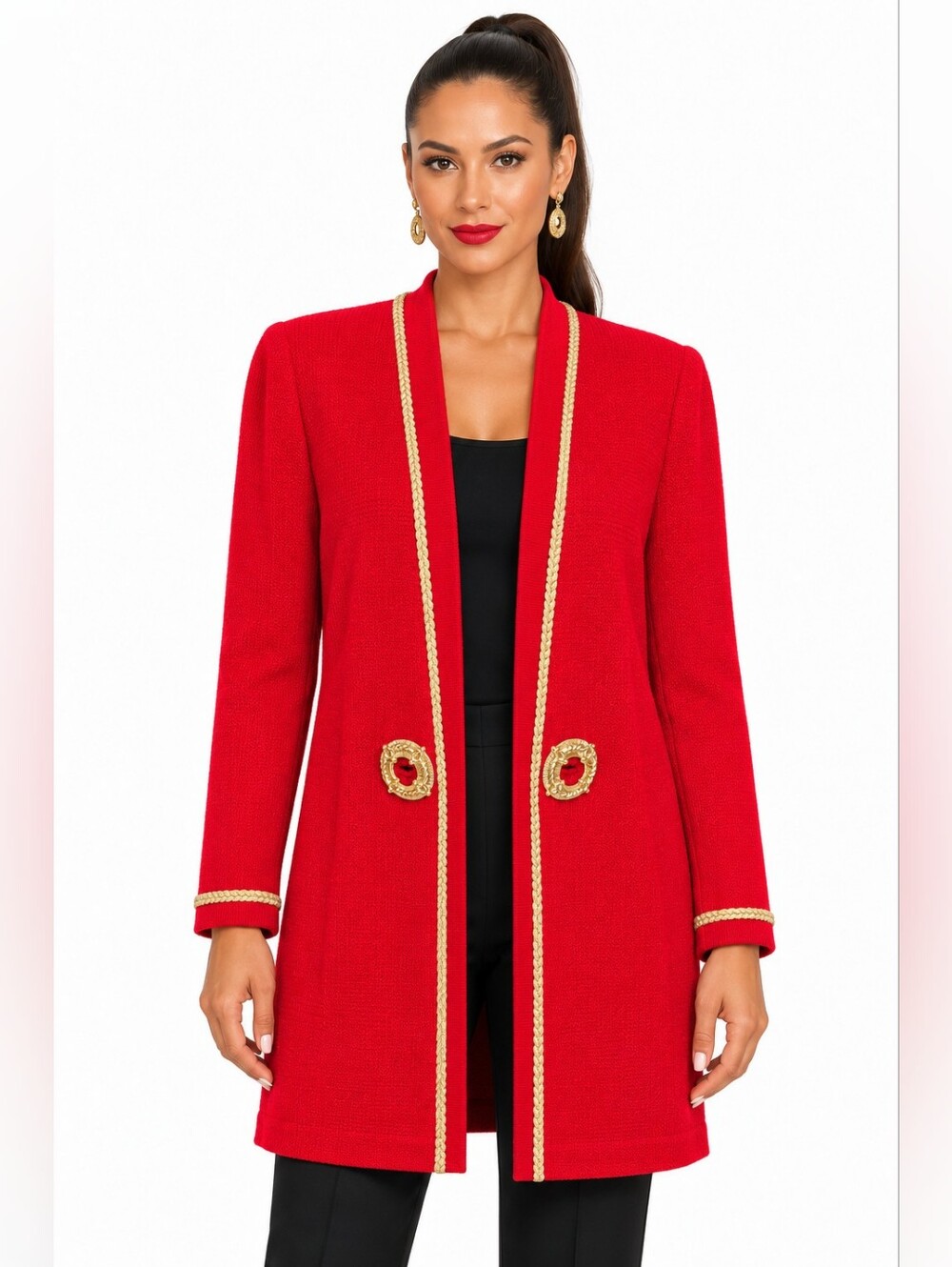 St John Collection Marie Gray Red Gold Trim Knit Long Jacket Cardigan Sz 12
